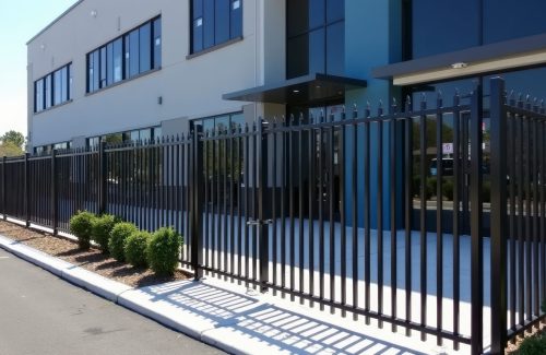 modern commercial building with a sleek fence and landscaped area in bright daylight